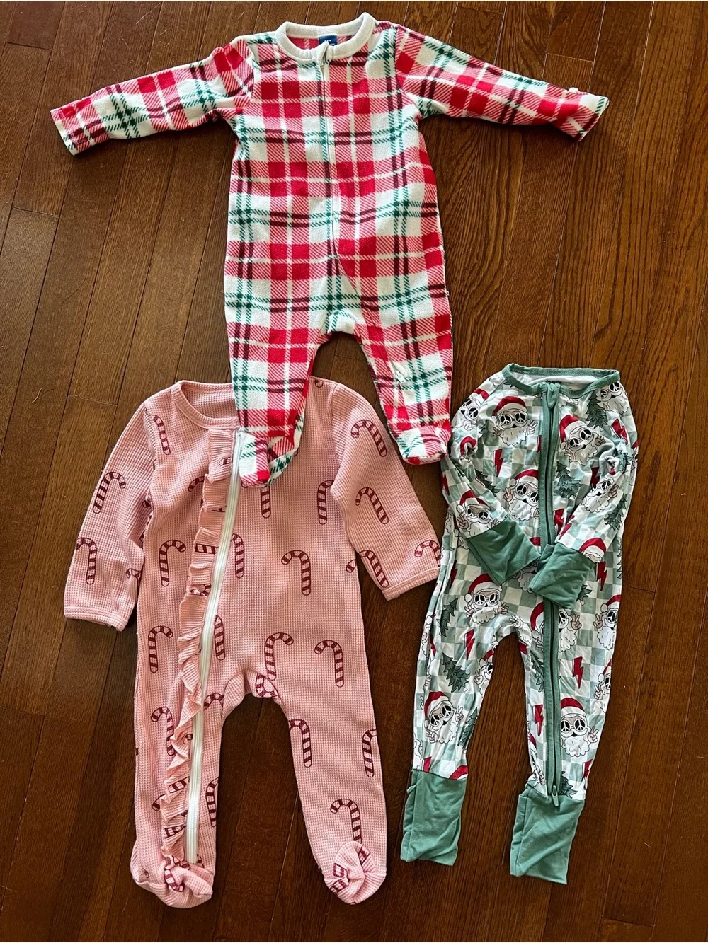 Christmas Pajama Sleeper Bundle-Plaid Red & White Fleece, Candy Cane, and Santa